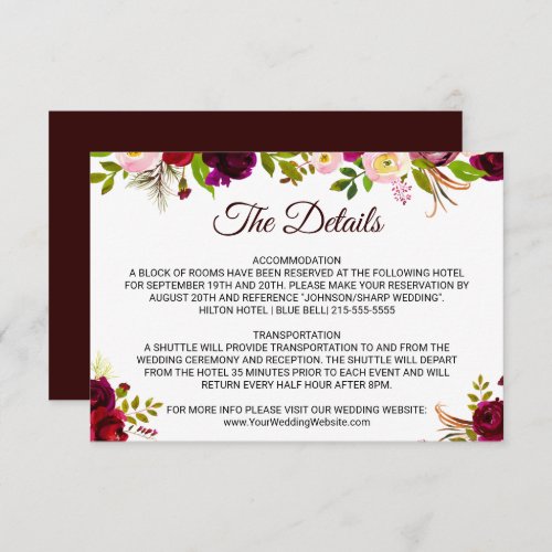 Simple Burgundy Floral Wedding Details Insert Card