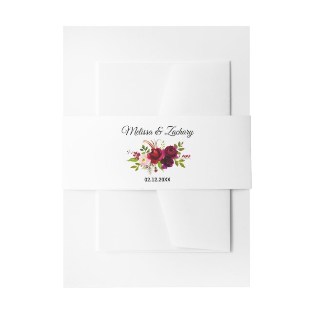 Simple Burgundy Floral Wedding Invitation Invitation Belly Band (Front Example)