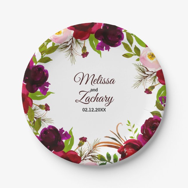 Simple Burgundy Floral Wedding Paper Plates (Front)