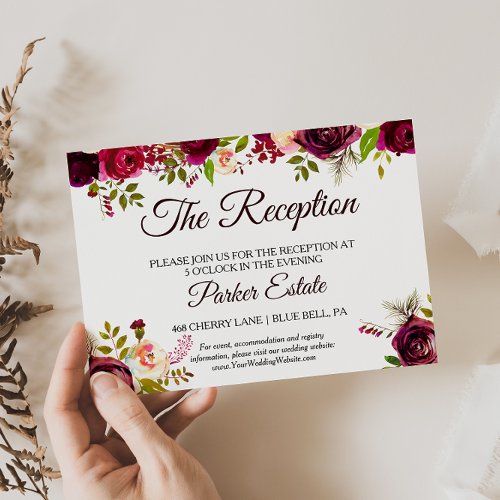 Simple Burgundy Floral Wedding Reception Card