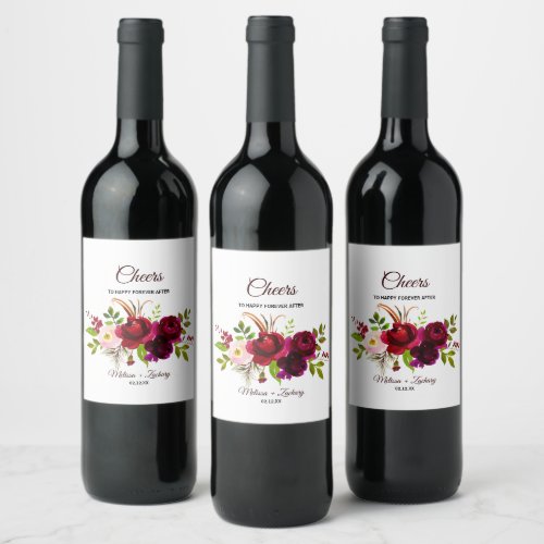 Simple Burgundy Floral Wedding Wine Labels