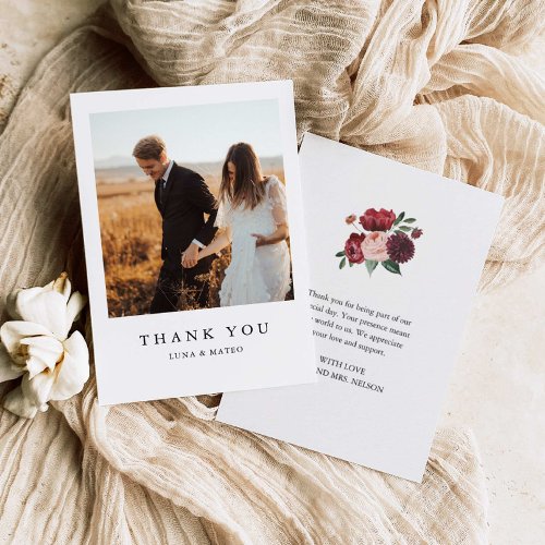 Simple Burgundy Flower Photo Wedding  Thank You Card
