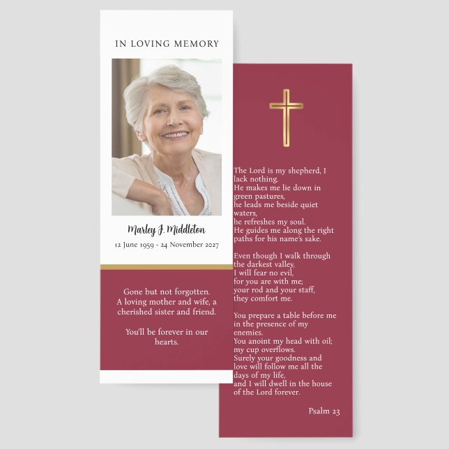 Simple Burgundy Funeral Prayer Card Bookmark (Front & Back)