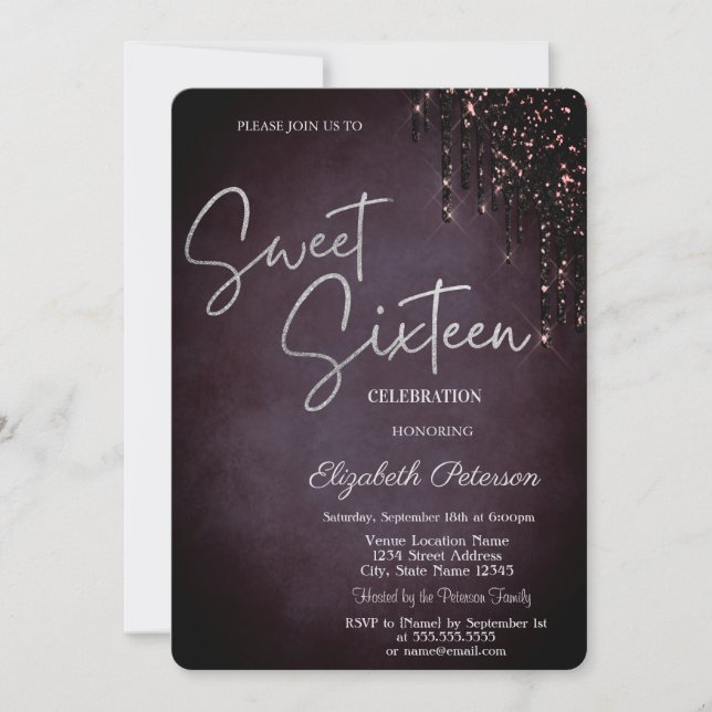 Simple Burgundy Glitter Drips Sweet 16  Invitation (Front)