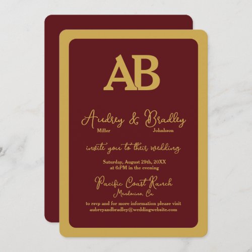 Simple Burgundy Gold 2 Letter Monogram Wedding Invitation