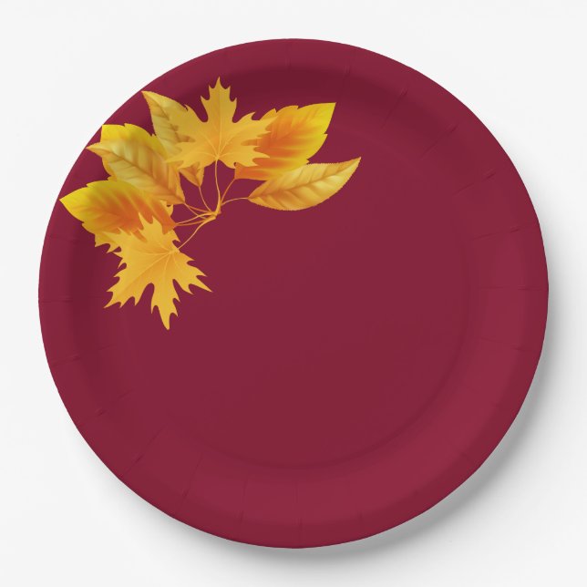 Simple Burgundy Gold Greenery Autumn Celebration  Paper Plates (Front)