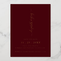 Simple Burgundy handwritten luxe Save The Date  Foil Invitation Postcard