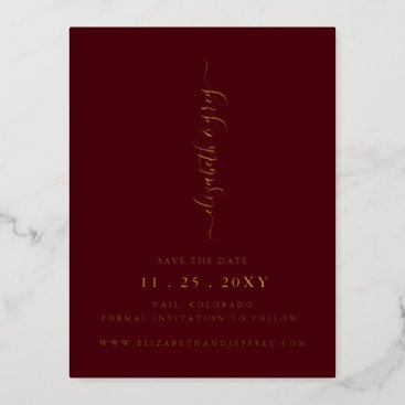 Simple Burgundy handwritten luxe Save The Date  Foil Invitation Postcard