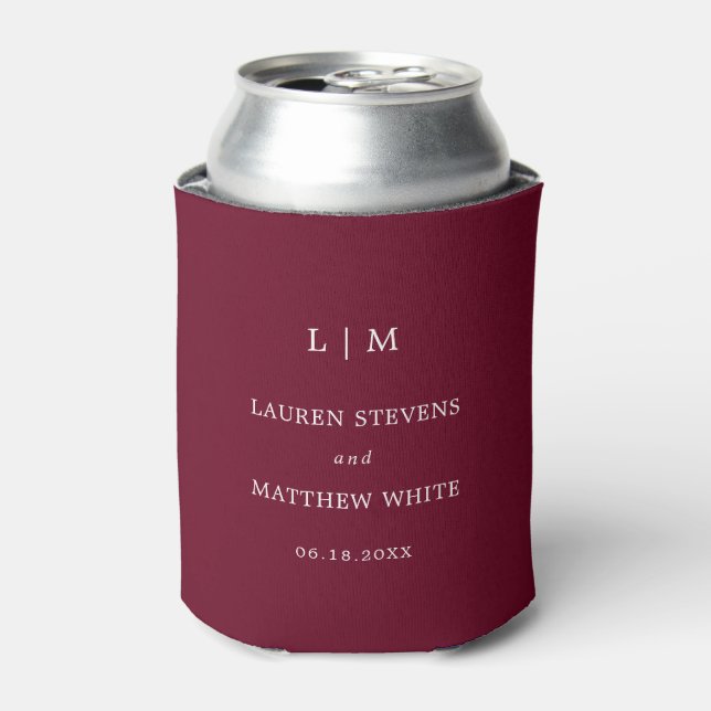 Simple Burgundy Monogram Elegant Wedding Can Cooler (Can Front)