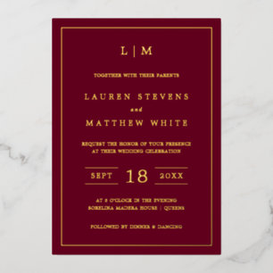 Simple Burgundy Monogram Elegant Wedding Foil Invitation