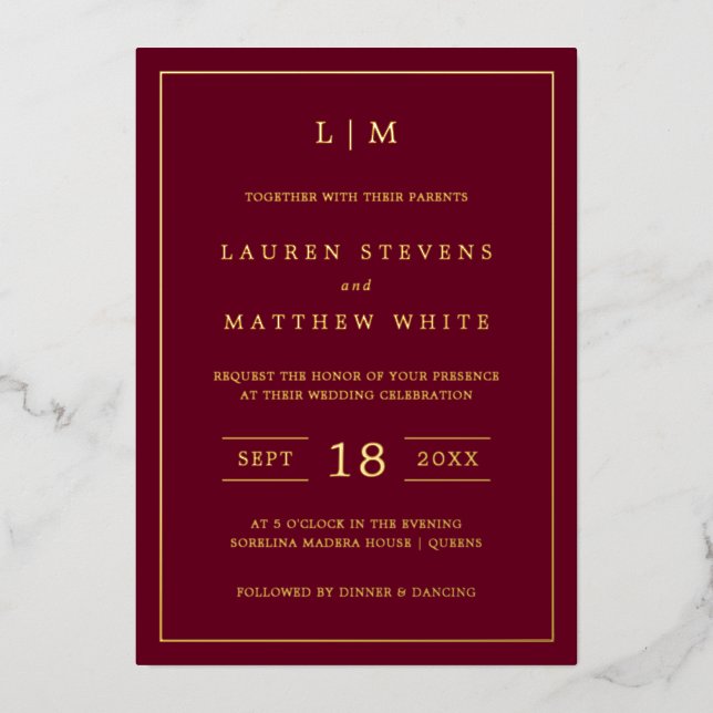 Simple Burgundy Monogram Elegant Wedding Foil Invitation (Front)