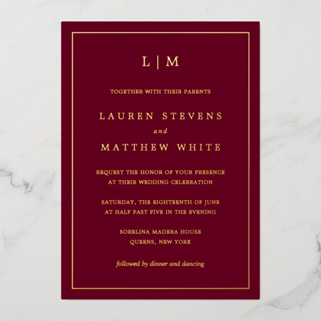 Simple Burgundy Monogram Elegant Wedding Foil Invitation (Front)