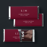 Simple Burgundy Monogram Elegant Wedding Hershey Bar Favors<br><div class="desc">Simple personalized Hershey's Bar Wedding Favors featuring a modern yet elegant design with your two letter monogram along with your names and date in white over a burgundy background. The back has your personalized message. The font and background colors may be changed to any colors you wish by clicking the...</div>
