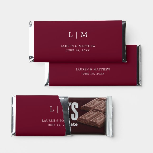 Simple Burgundy Monogram Elegant Wedding Hershey Bar Favors (Front)