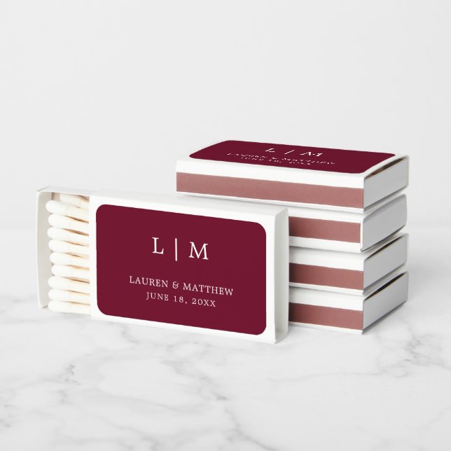 Simple Burgundy Monogram Elegant Wedding Matchboxes (Stacked)