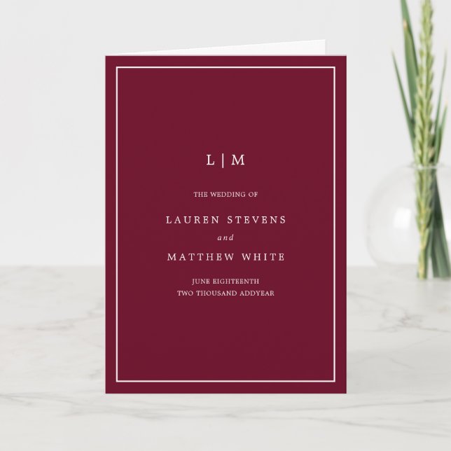 Simple Burgundy Monogram Elegant Wedding Program (Front)