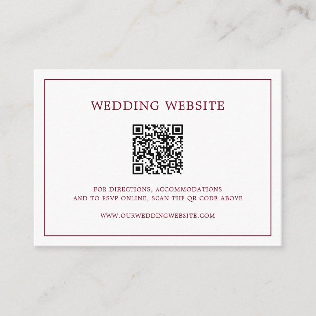 Simple Burgundy Monogram QR Code Elegant Wedding Enclosure Card (Front)