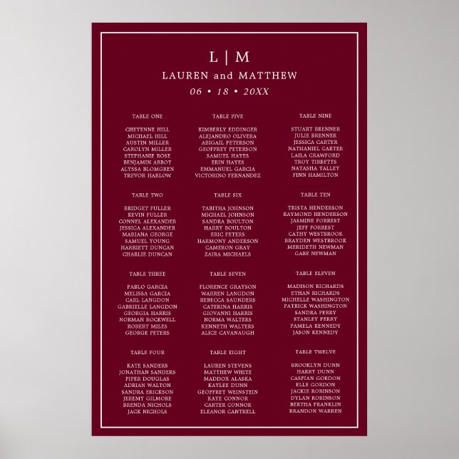 Simple Burgundy Monogram Wedding Seating Chart (Front)