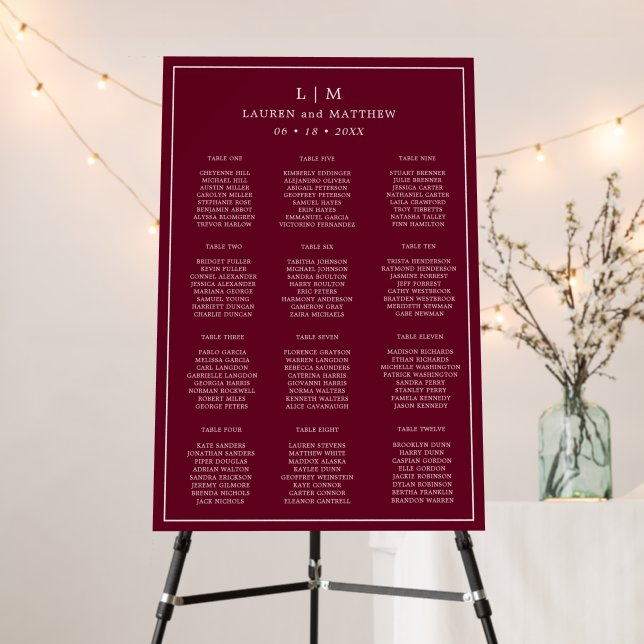 Simple Burgundy Monogram Wedding Seating Chart Foam Board (In Situ (Stand))