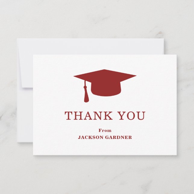 Simple Burgundy Mortar Board Modern Graduation Thank You Card (Front)