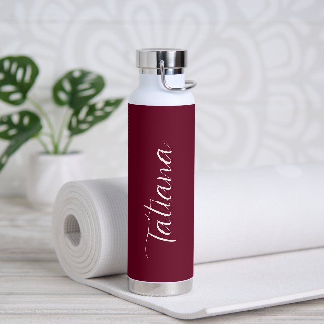 Simple Burgundy Name Elegant Script Modern Water Bottle (Yoga)