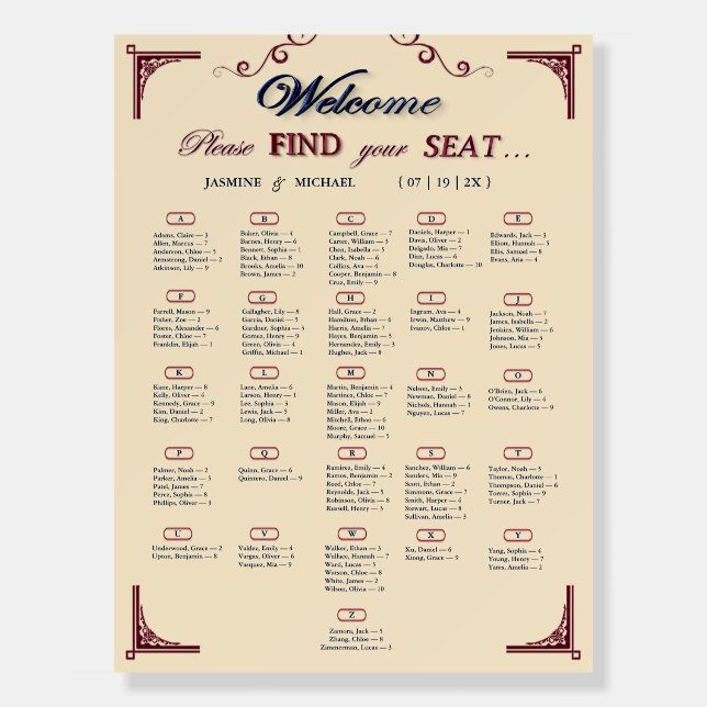 Simple Burgundy Navy Ivory Wedding Seating Chart Foam Board (Front)