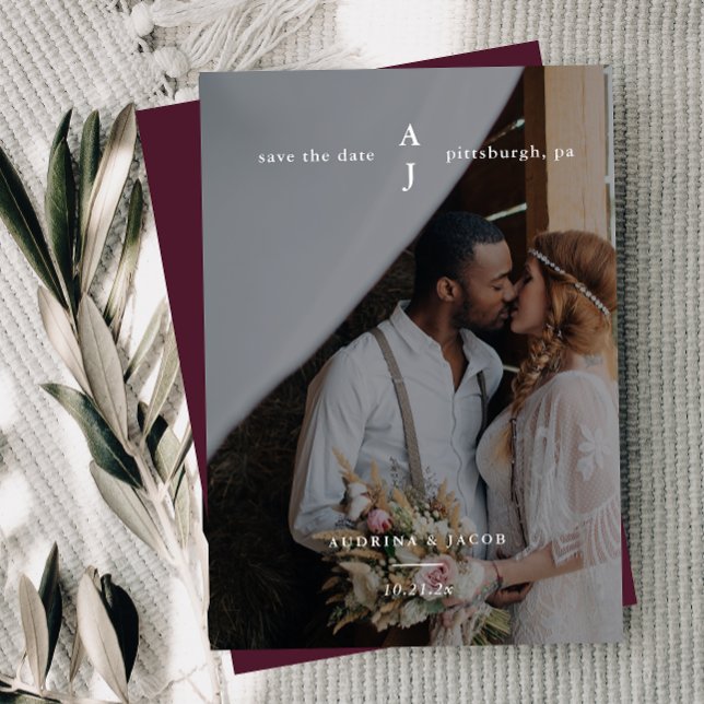 Simple Burgundy Photo Monogram Wedding Save The Date (Creator Uploaded)