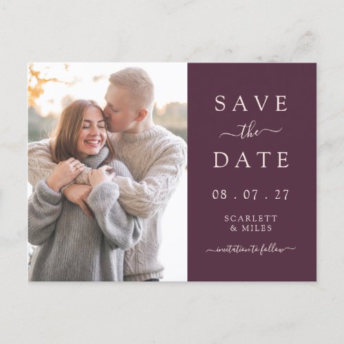 Simple Burgundy Photo Save The Date Wedding Announcement Postcard