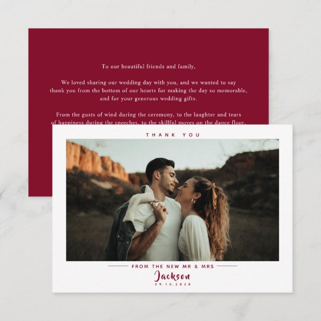Simple Burgundy Photo Wedding Thank You Card (Front/Back)