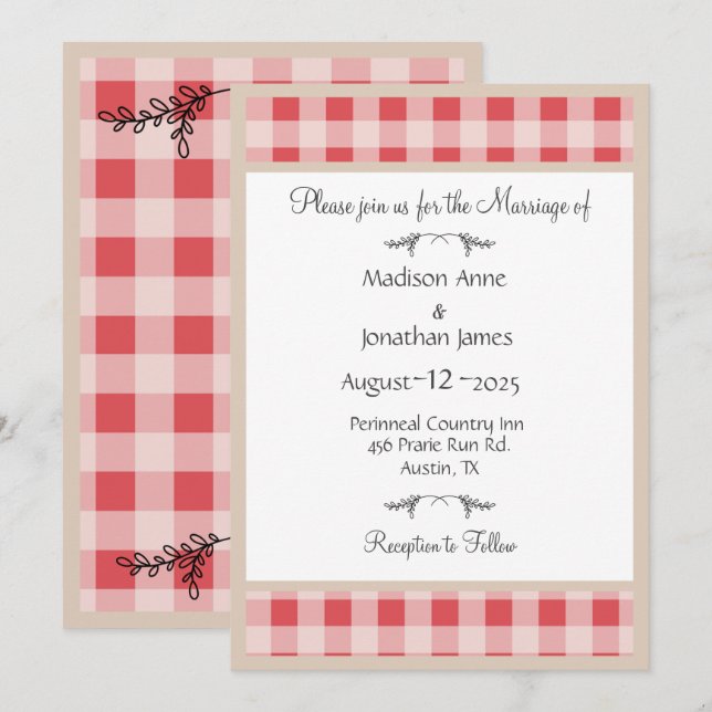 Simple Burgundy Plaid Gingham Country Weddig Invitation (Front/Back)