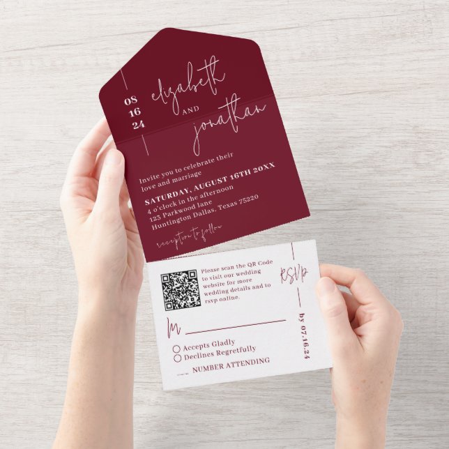 Simple Burgundy QR Code Classy Script Wedding All In One Invitation (Tearaway)