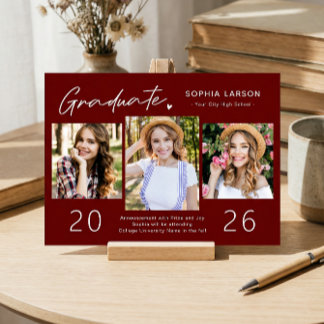 Simple Burgundy Red 3 Photo Collage Graduation Announcement