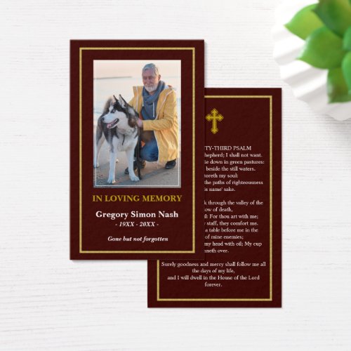 Simple Burgundy Red Gold Photo Funeral Card