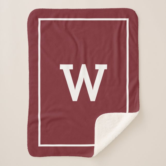 Simple Burgundy Red Initial Monogram Sherpa Blanket (Front)