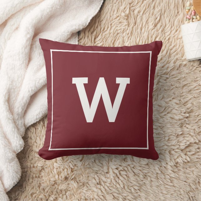 Simple Burgundy Red Initial Monogram Throw Pillow (Blanket)