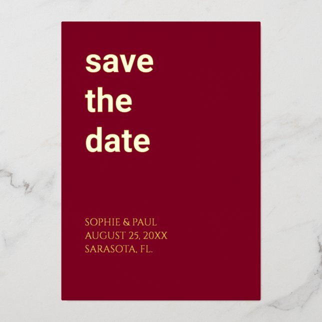 Simple Burgundy Save the Date Foil Invitation (Front)
