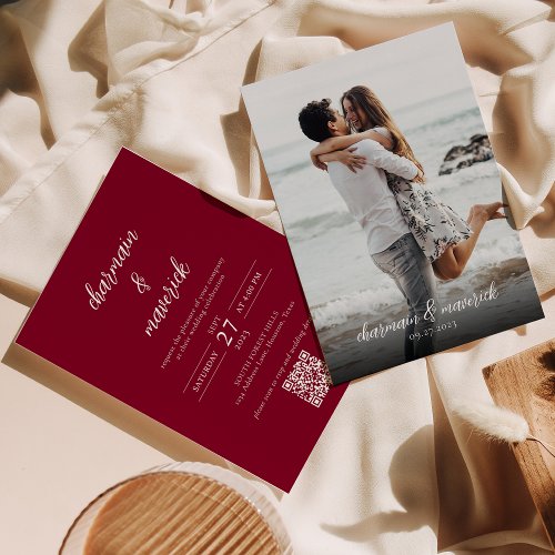 Simple Burgundy Script Photo QR Code Wedding Invitation