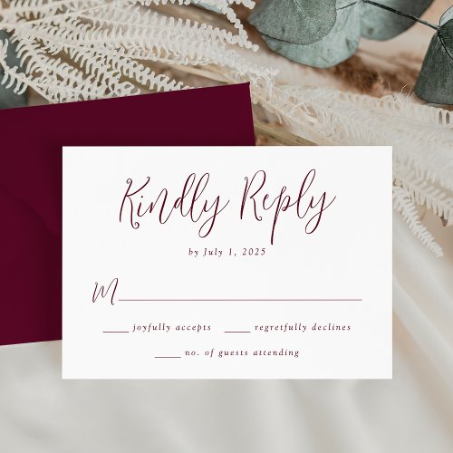Simple Burgundy Script Wedding RSVP Card