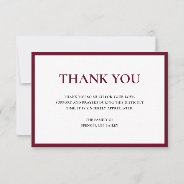Simple Burgundy Traditional Sympathy Funeral Thank You Card (Front)