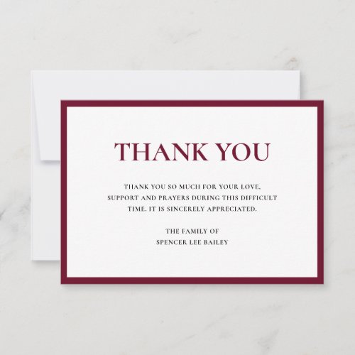 Simple Burgundy Traditional Sympathy Funeral Thank You Card