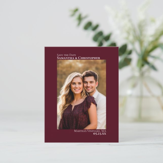 Simple Burgundy Vertical Photo Minimalist Wedding Save The Date (Standing Front)