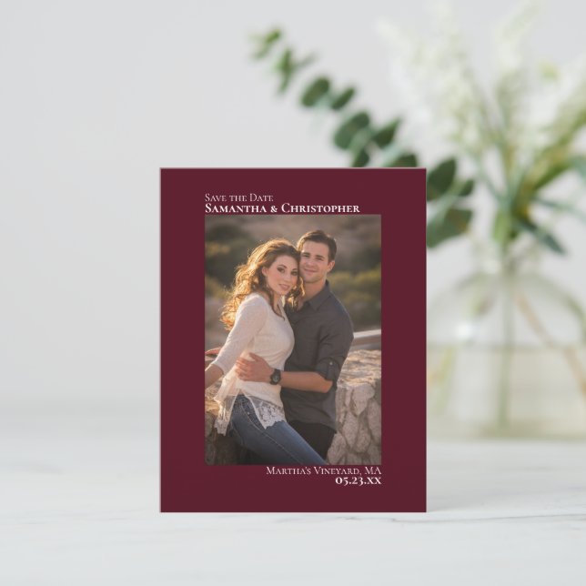 Simple Burgundy Vertical Photo Minimalist Wedding Save The Date (Standing Front)