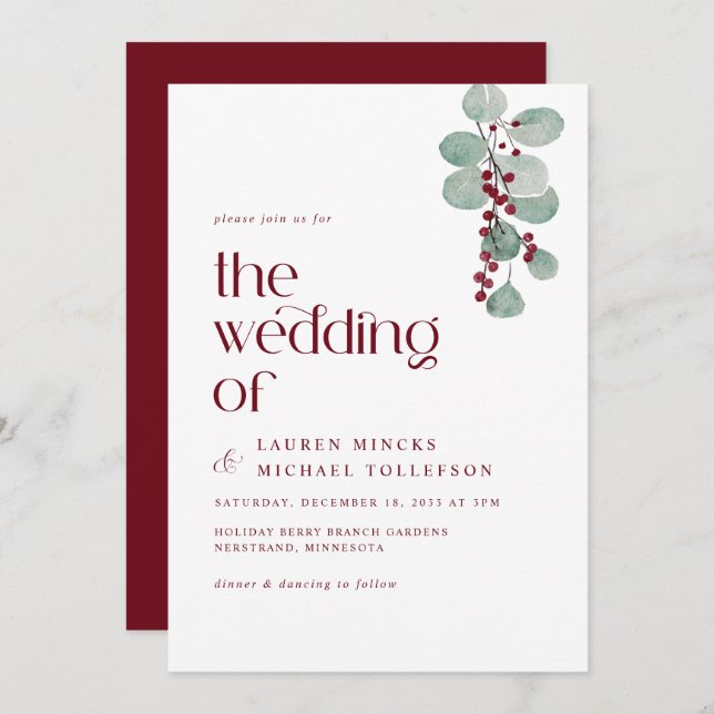 Simple Burgundy Vine Winter Wedding Modern Invitation (Front/Back)