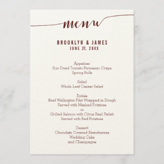 Simple Burgundy Wedding Menu Cards On Ecru Paper
