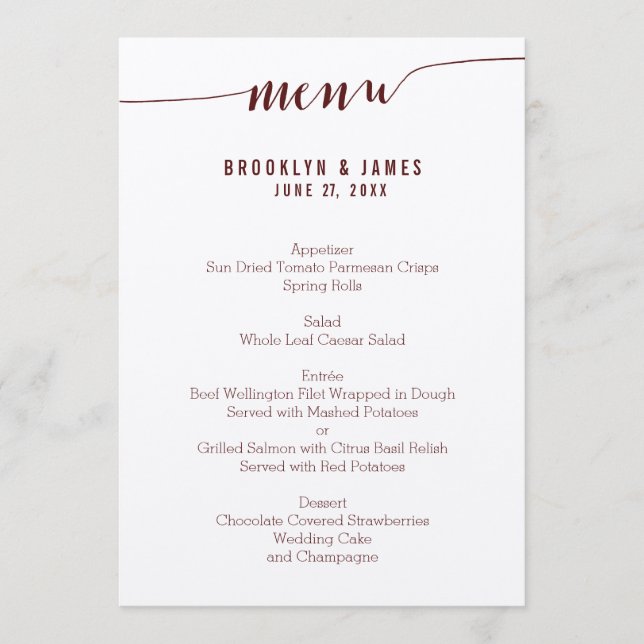 Simple Burgundy Wedding Menu Cards On Ecru Paper (Front)