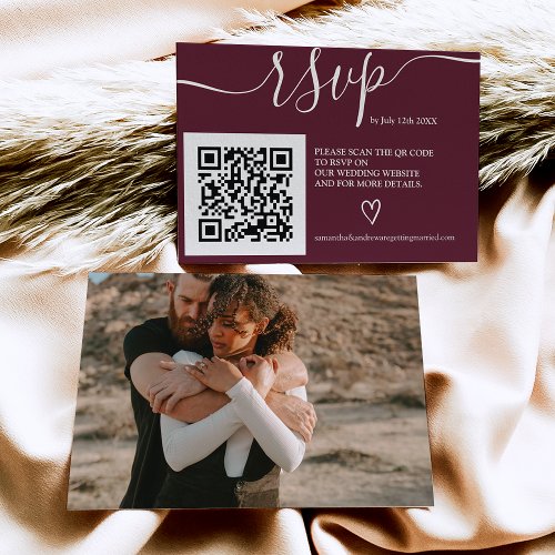 Simple burgundy wedding rsvp Qr code photo Enclosure Card