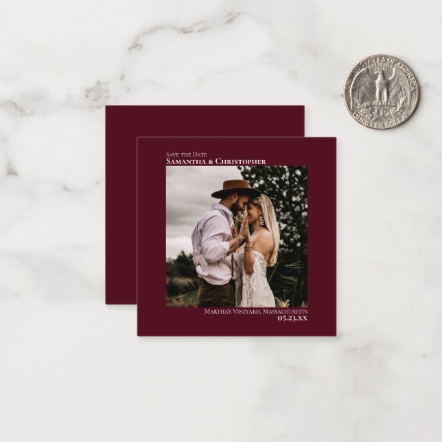 Simple Burgundy Wedding Save the Date Photo Mini Note Card (Front/Back In Situ)