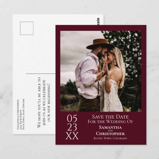 Simple Burgundy Wedding Save the Date Photo Postcard (Front/Back)