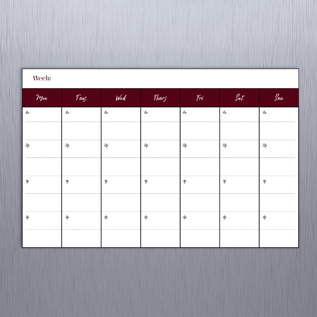 Simple Burgundy Weekly Calendar Magnetic Dry Erase Sheet (17 x 11 Landscape Dry Erase Weekly Calendar with Magnetic Backing.)