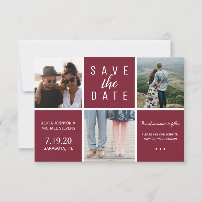 Simple burgundy white 3 photo collage wedding save the date (Front)
